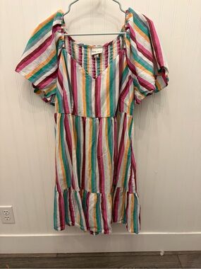 Ava & Viv Multicolor Stripe Tiered Dress - Pink/Teal/Yellow